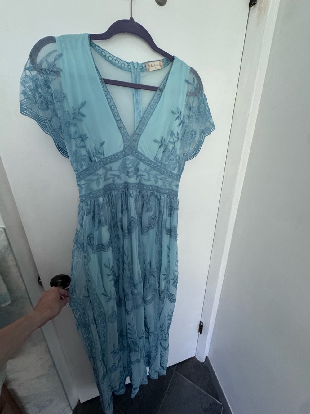 Altar'd State Light Blue Embroidered V-Neck Midi Dress